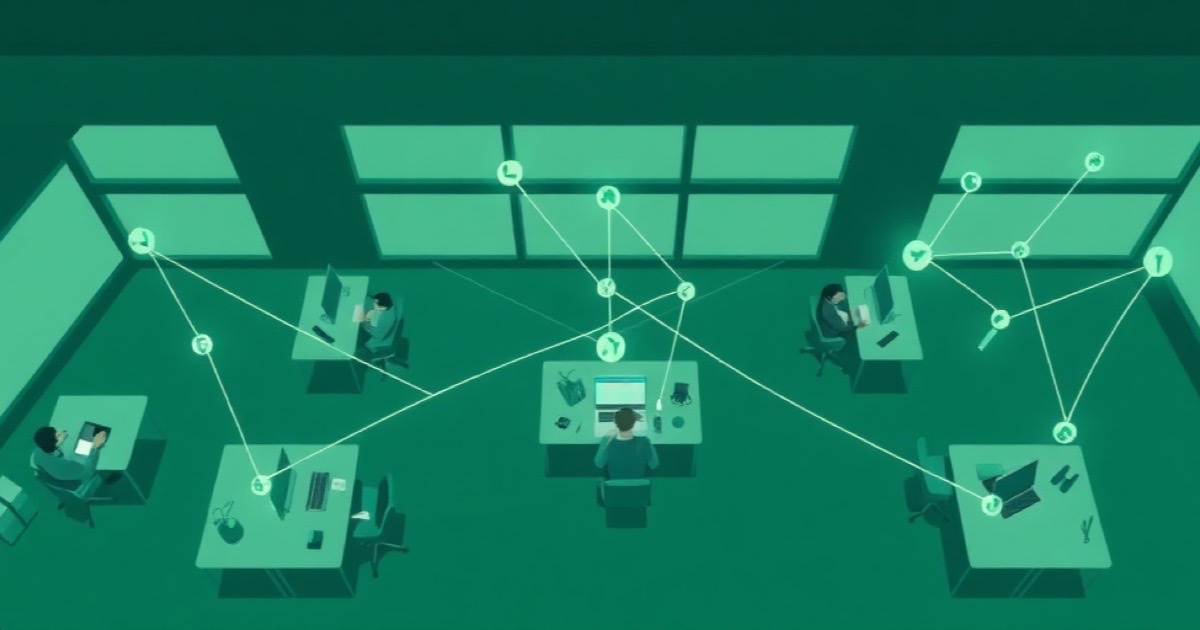 Illustration of an open-plan office seen from above, each person at a desk linked by glowing green lines to small AI agents working around them