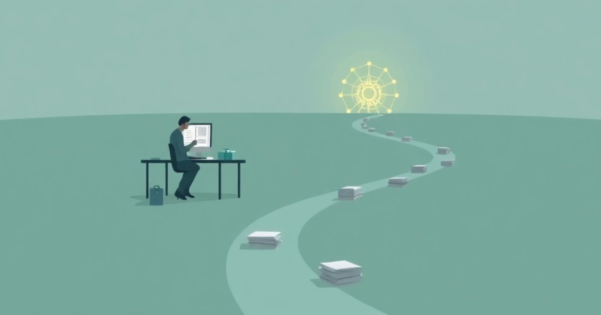 Illustration of a person correcting work at a desk while a path of paper stacks winds across a green field toward a glowing neural network on the horizon