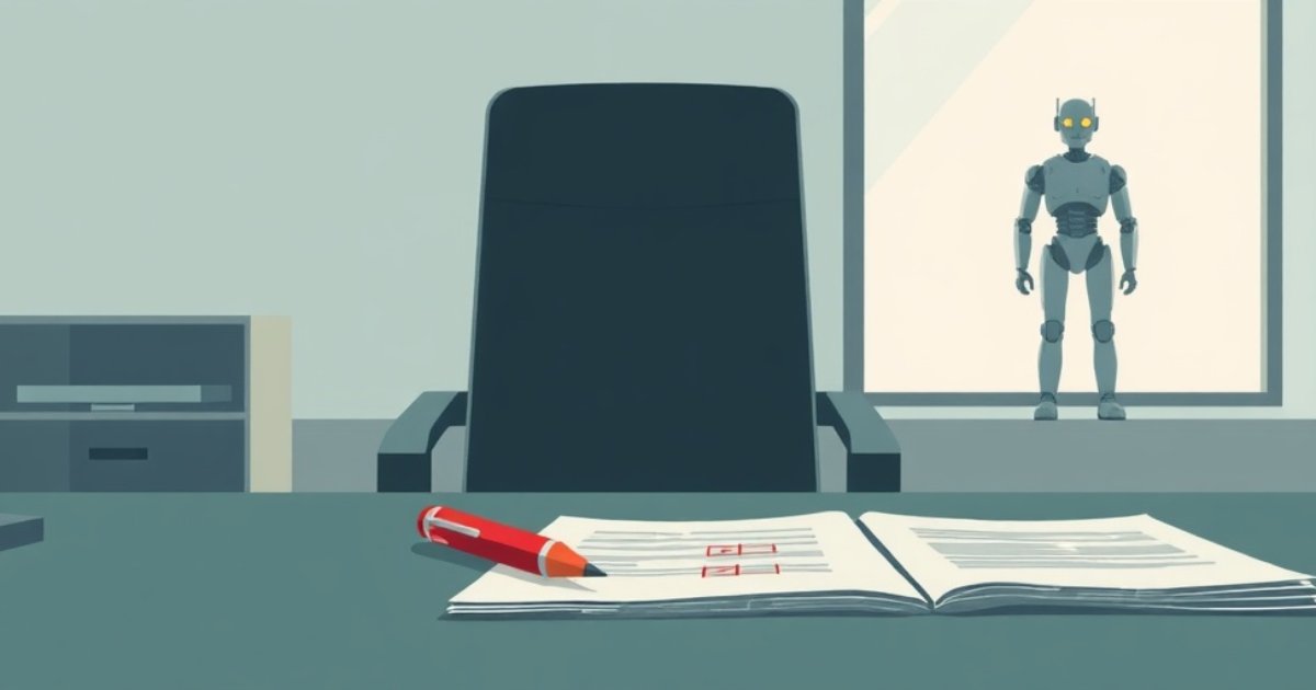 Illustration of an empty office chair and a red pen resting on corrected papers while a robot waits by the window in the background