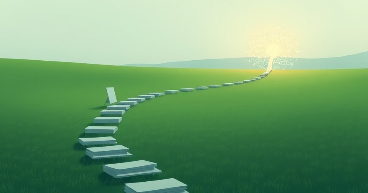 Illustration of a path of paper stacks winding across a green field toward a glowing neural network on the horizon