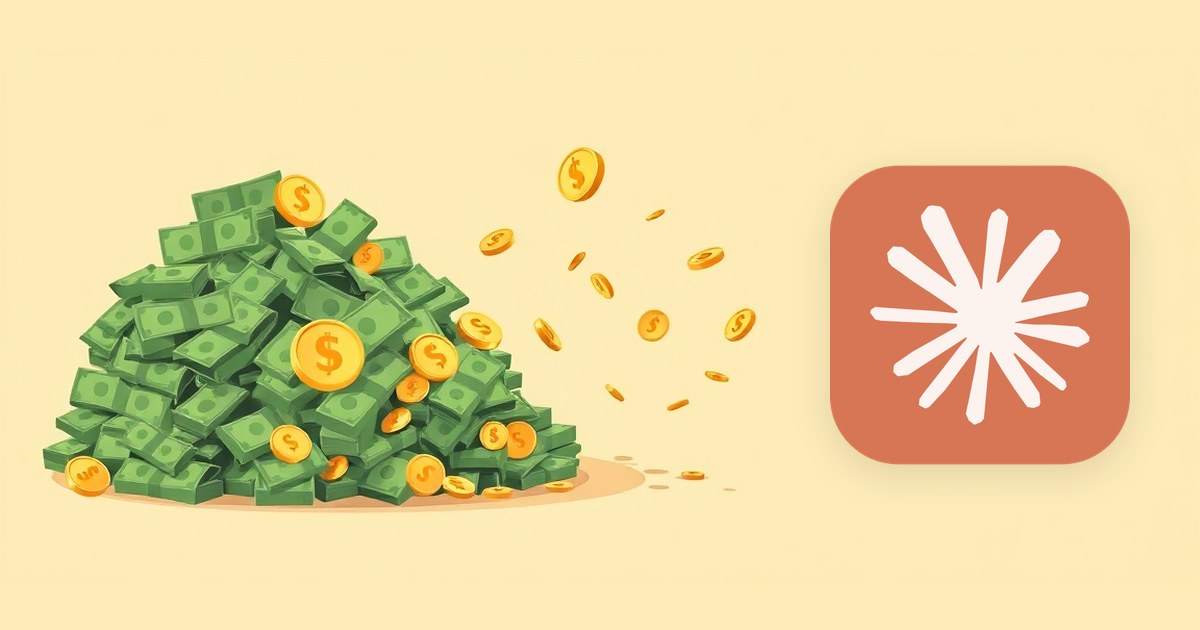 Illustration of a large pile of cash and gold dollar coins streaming toward the Claude app icon